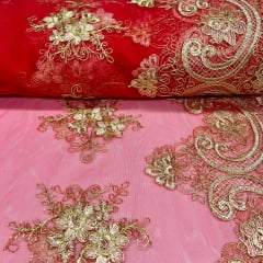 Tule Bordado Metálico Vermelho com Dourado