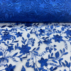 Tule Bordado Raminhos Azul Royal