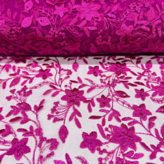 Tule Bordado Raminhos Rosa Pink