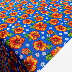 Chitão Azul Marinho com Floral Laranja
