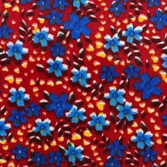 Chita Fake Flores Azuis no Vermelho Chita Fake Flores Azuis no Vermelho