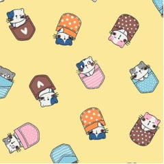 Tricoline Mista Gatinhos Fundo Amarelo Tricoline Mista Gatinhos Fundo Amarelo