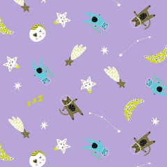 Tricoline Mista Gatos no Espaço Fundo Roxo Tricoline Mista Gatos no Espaço Fundo Roxo