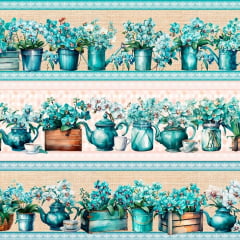Tricoline Barrado Jardim Azul Vintage