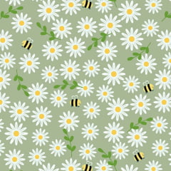 Tricoline Margaridas e Abelhas Fundo Verde Chá Tricoline Margaridas e Abelhas Fundo Verde Chá