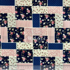 Tricoline patchwork com Floral Azul Marinho e Rosa TRICO9703