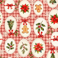 Tricoline Molduras de Natal Fundo Vermelho