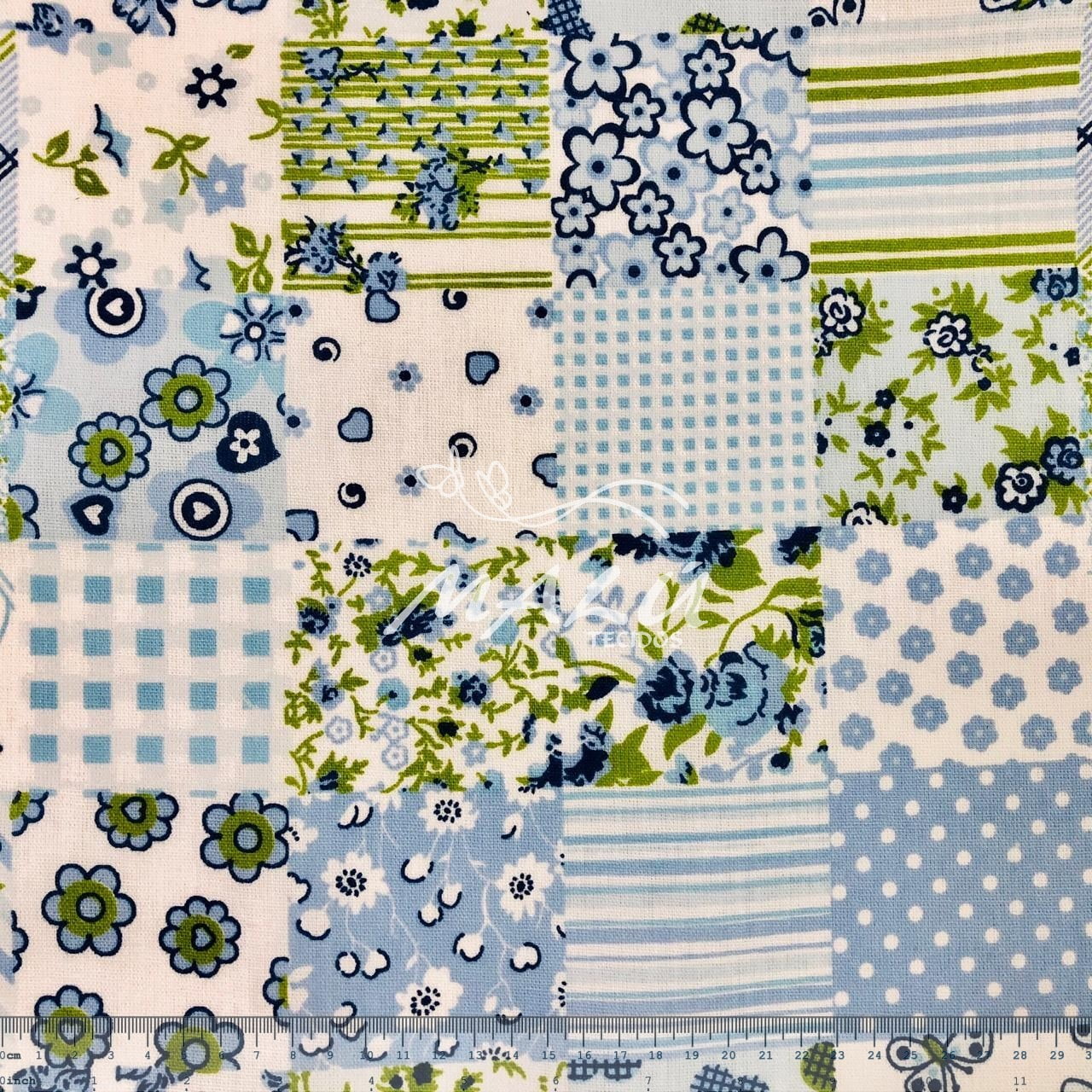 Tricoline 70% Algodão Floral Azul Bebe Patchwork