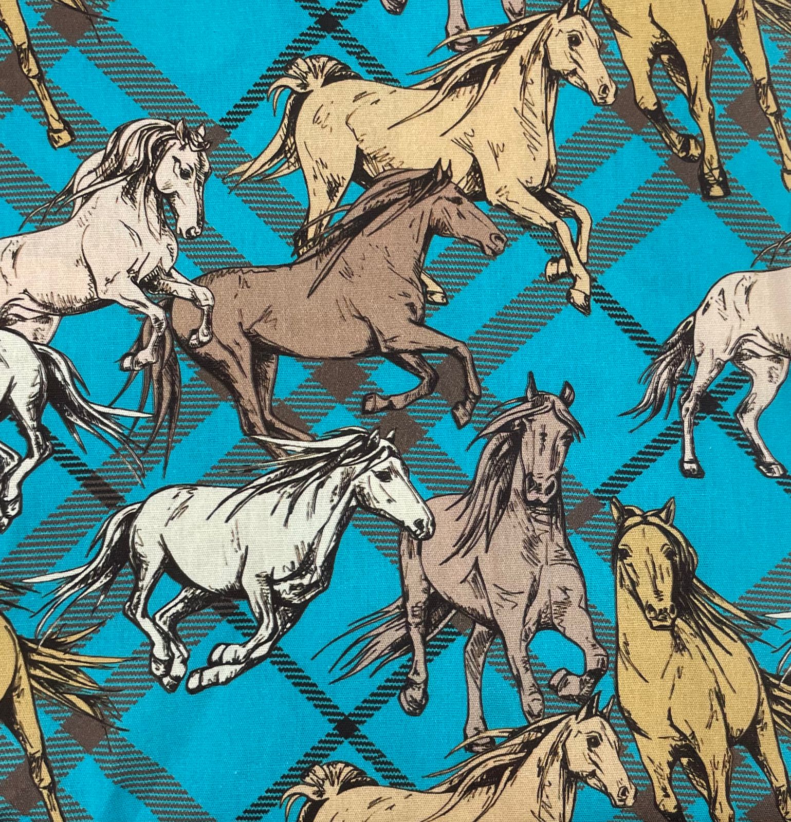 Tricoline Digital Estampada Cavalos Fundo Xadrez E Azul - A