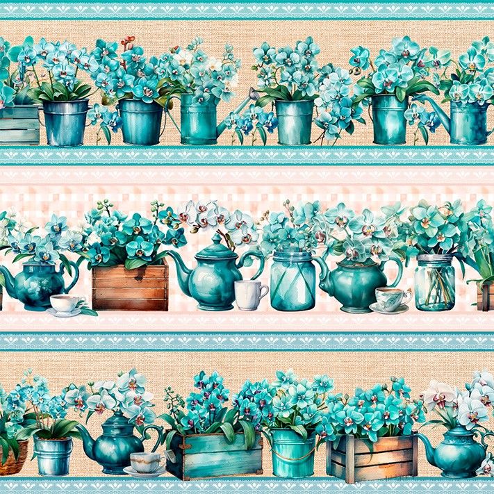 Tricoline Barrado Jardim Azul Vintage