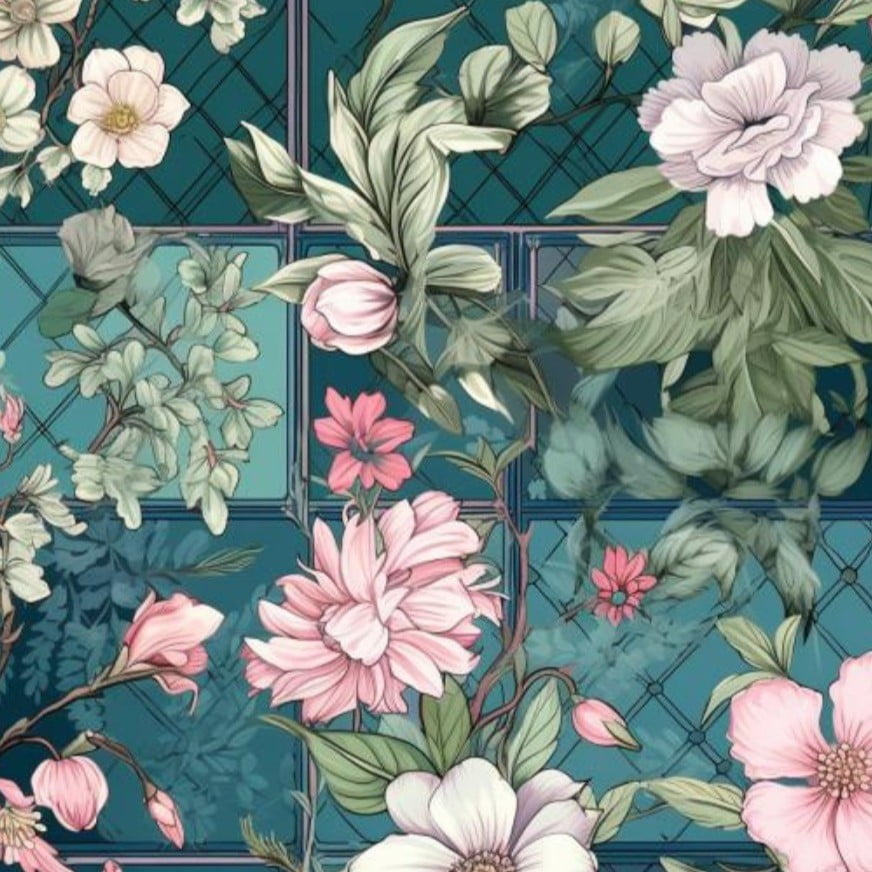 Tricoline Digital Floral Rosa em Azulejo