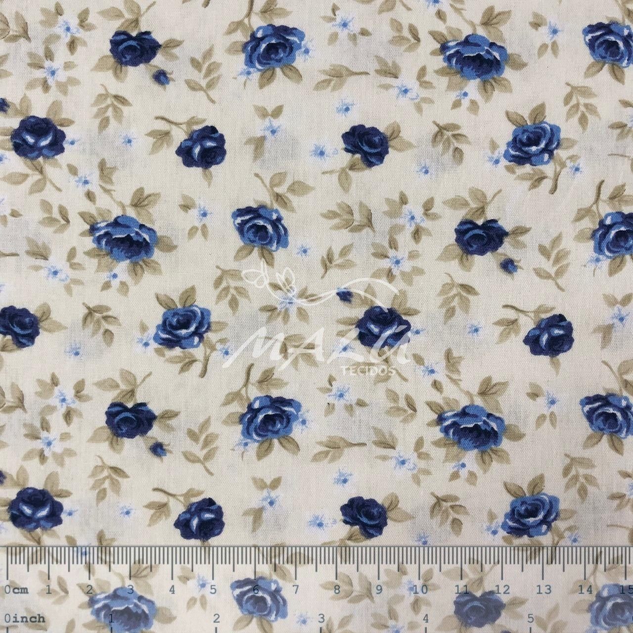 Tricoline Floral Azul com Fundo Marfim