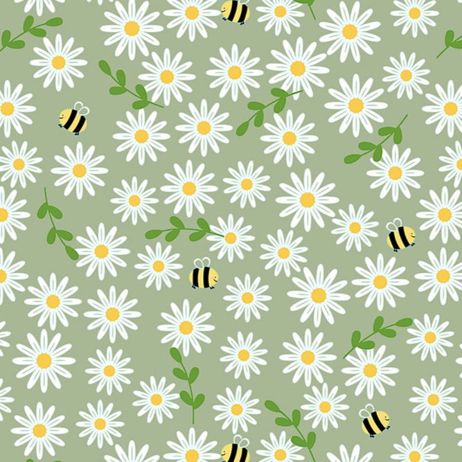 Tricoline Margaridas e Abelhas Fundo Verde Chá