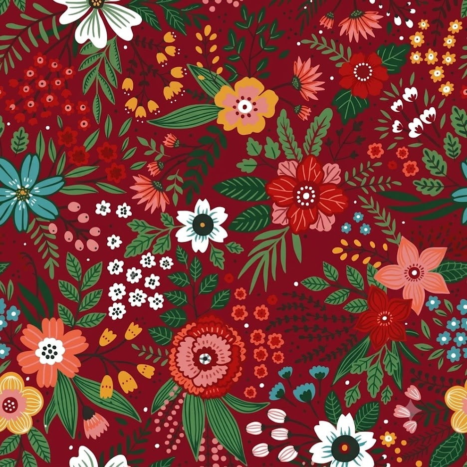 Tricoline Muitas Flores no Vermelho
