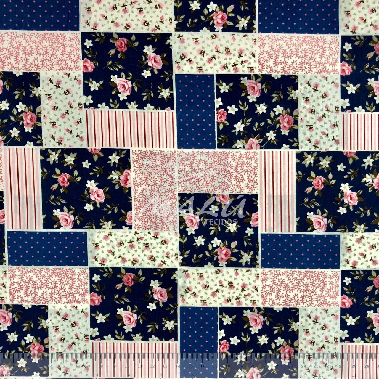 Tricoline Patchwork com Floral Azul Marinho e Rosa