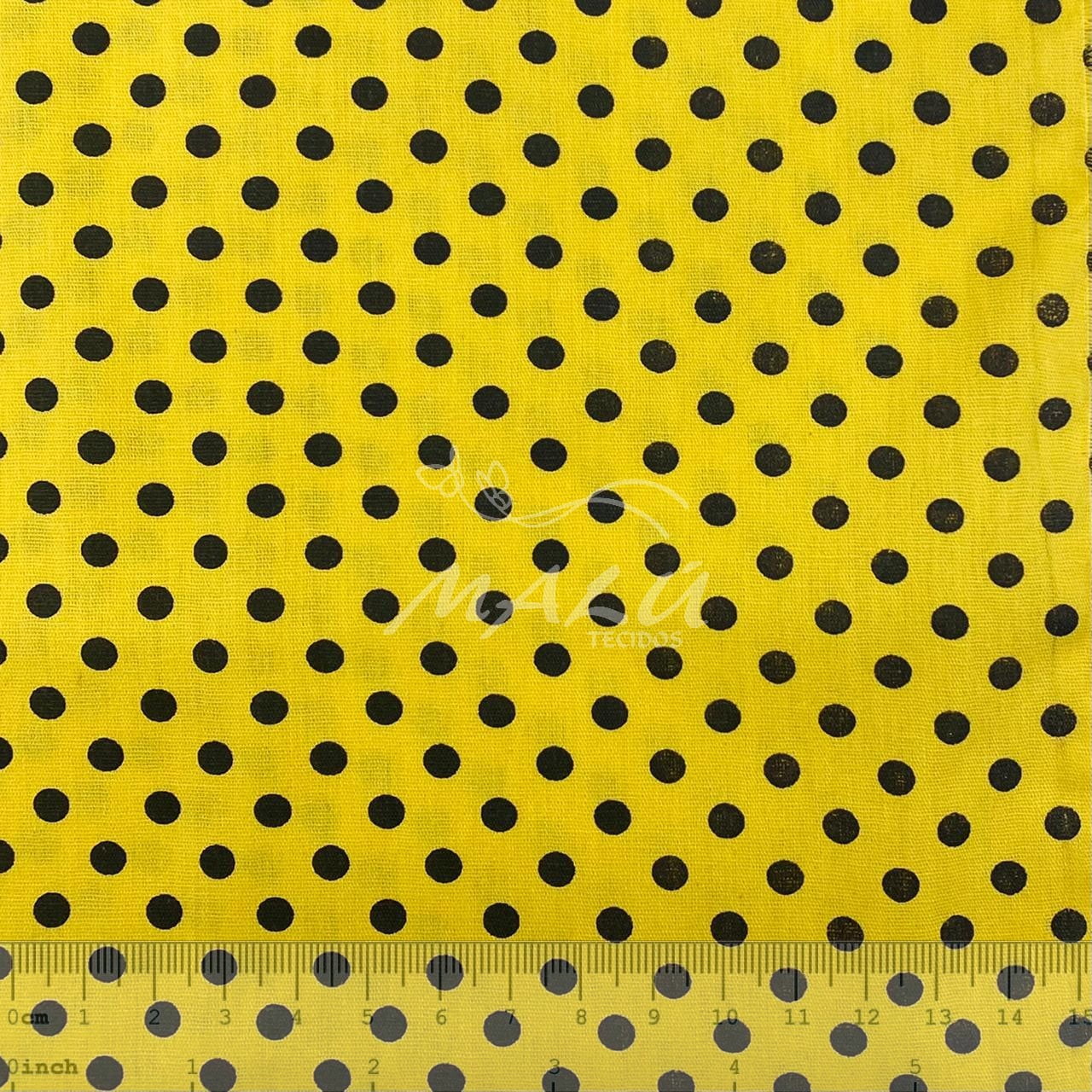 Tecido Tricoline Estampado Bola Media Preto Fundo Amarelo - 50cm x